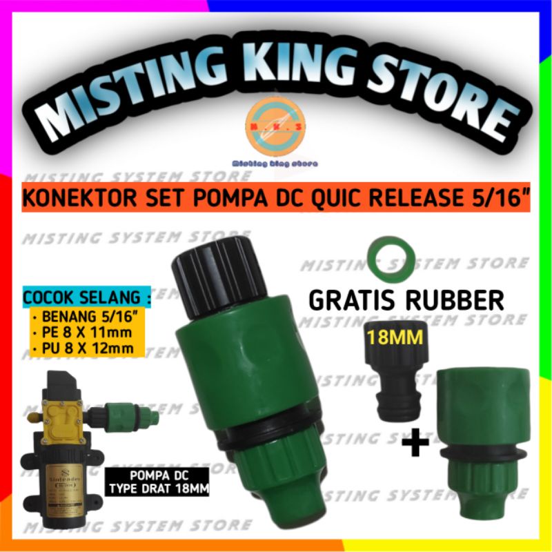 KONEKTOR DINAMO / POMPA DC 12V TYPE DRAT 18MM + QUICK RELEASE CONNECTOR KE SELANG 5/16 INCH PE 8 X 11MM PU 8 X 12 BENANG + KARET RUBBER ORING SILIKON 18MM