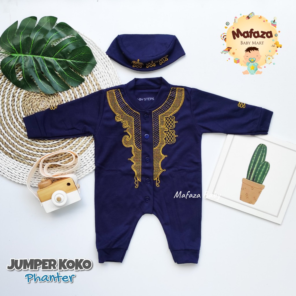 MAFAZABABY Set Jumper Romper Koko Bayi Baju Muslim Anak Bayi Laki-laki Newborn Koko Aqiqah(0-6bulan)-Navy