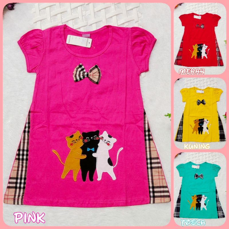 Daster anak perempuan usia 1-8 tahun bordir 3 kucing lucu/