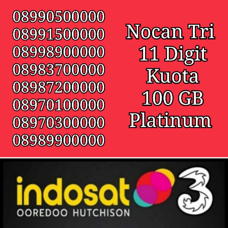 Nomor Cantik Nocan 11 Digit Panca 0 Kartu Perdana Tri Three 4G LTE Kuota 100GB Platinum