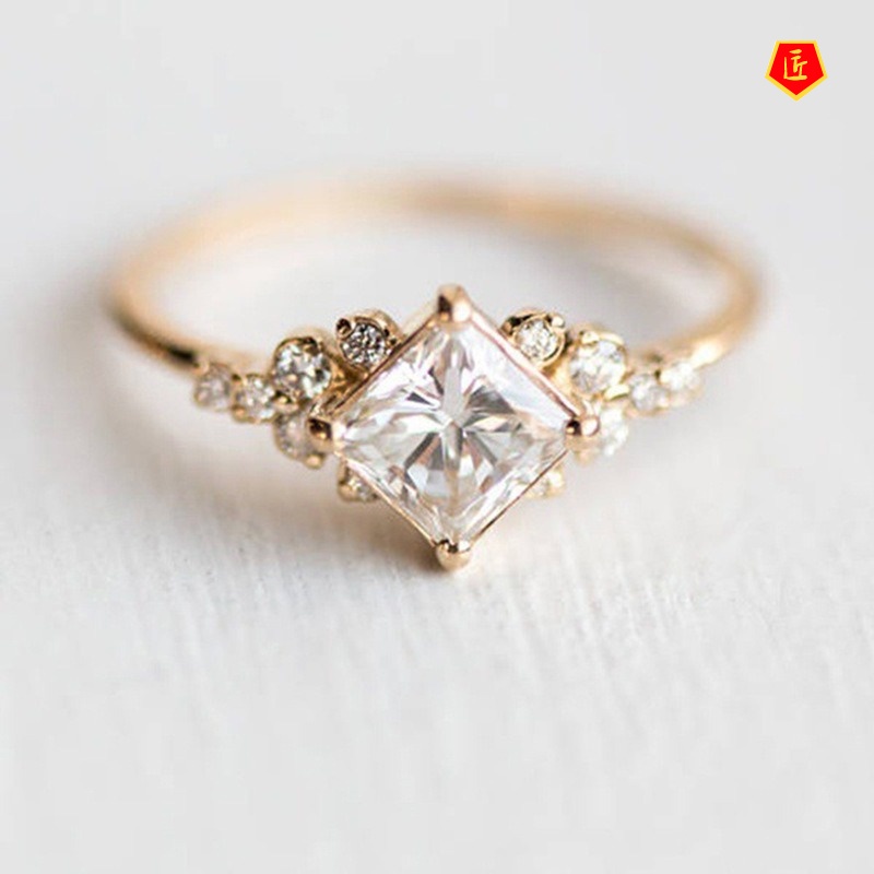 [Ready Stock]Inlaid Square Diamond Ring 14K Gold Simple Personality