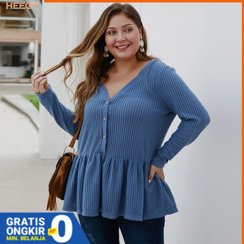 Blouse Jumbo XL, 2XL, 3XL, 4XL V Neck Lengan Panjang Button Knitwear Untuk Wanita