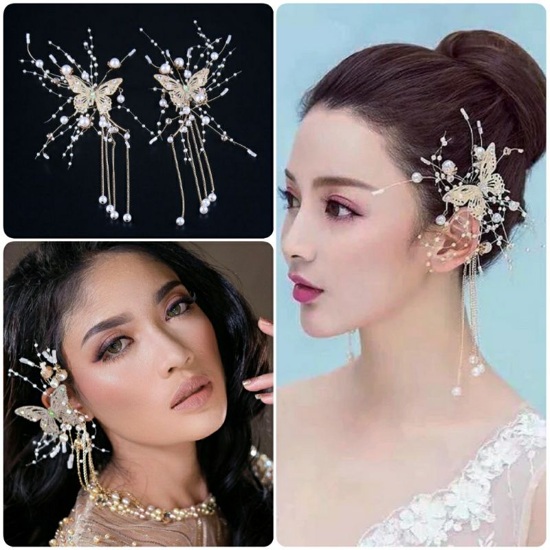 Earcuff Gold Butterfly (Sepasang) Earpiece Earclip Aksesoris Pengantin Pernikahan Wedding Tiara Fash