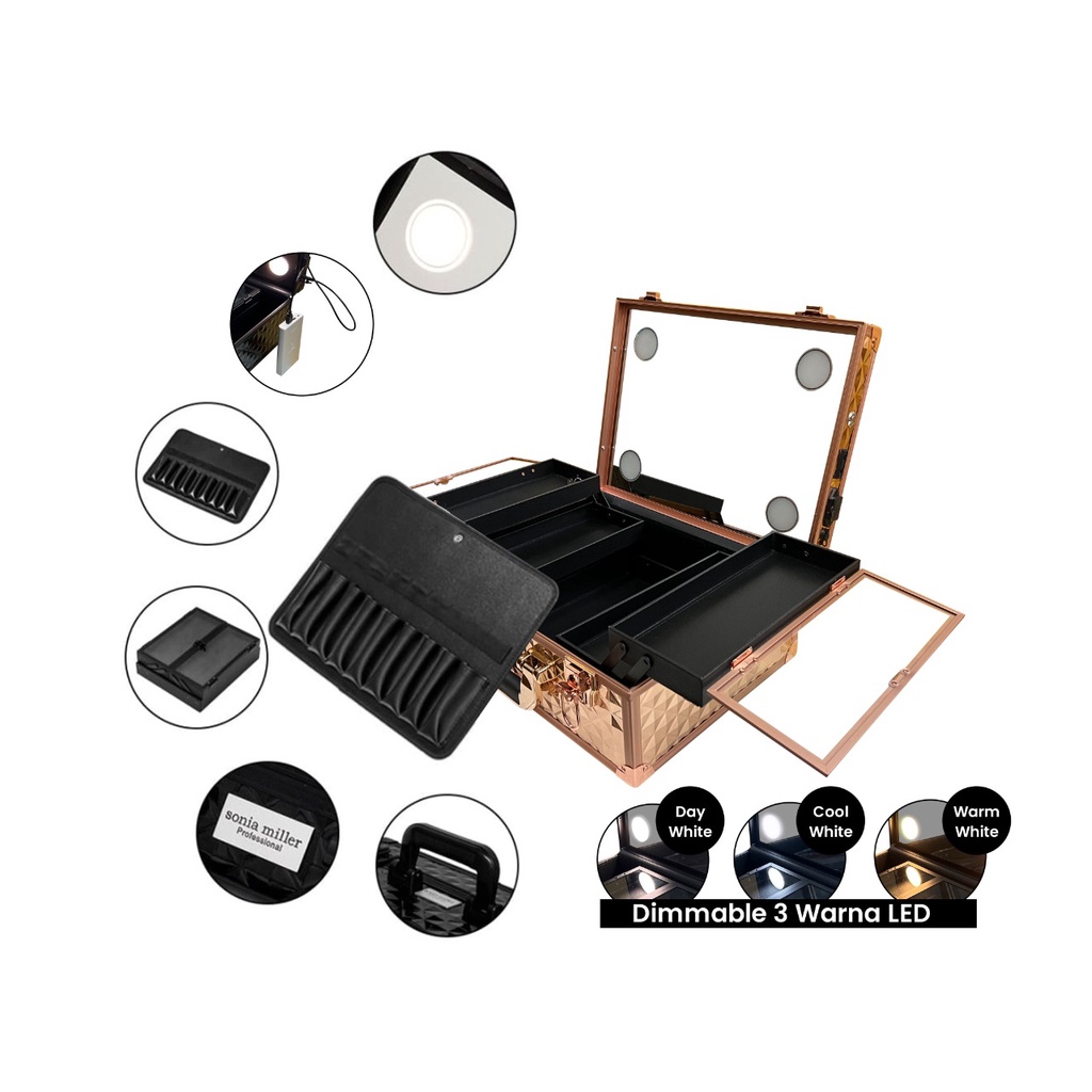 Sonia Miller SUB COMPACT Beauty Makeup Case 133-1 diamond rose gold full mirror built in led