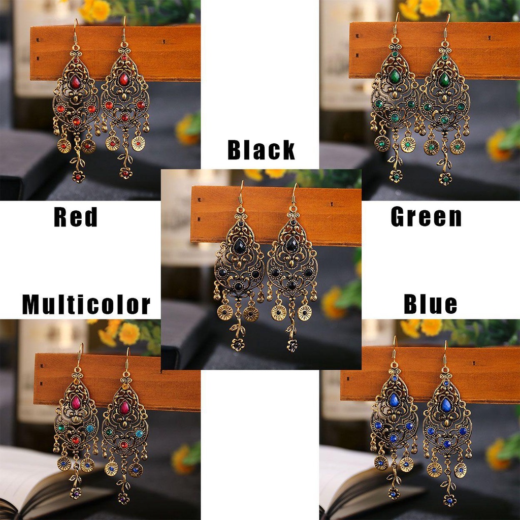 Solighter Earrings Ladies Bunga Berlian Imitasi Anting Menjuntai Panjang Vintage Alloy