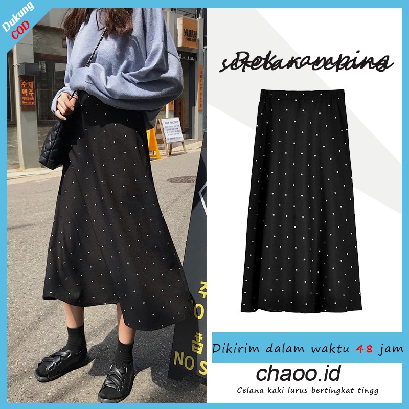 Rok pinggang tinggi retro yang cocok untuk semua rok polka dot A-line longgar  Rok Polkadot/rok panjang wanita bermotif polkadot kecil/rok