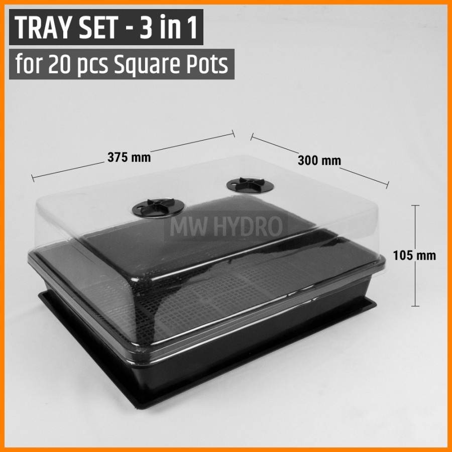 Tray + Base + Cover (3 in 1) for 20 pcs 7cm Square Pot / Pot Kotak