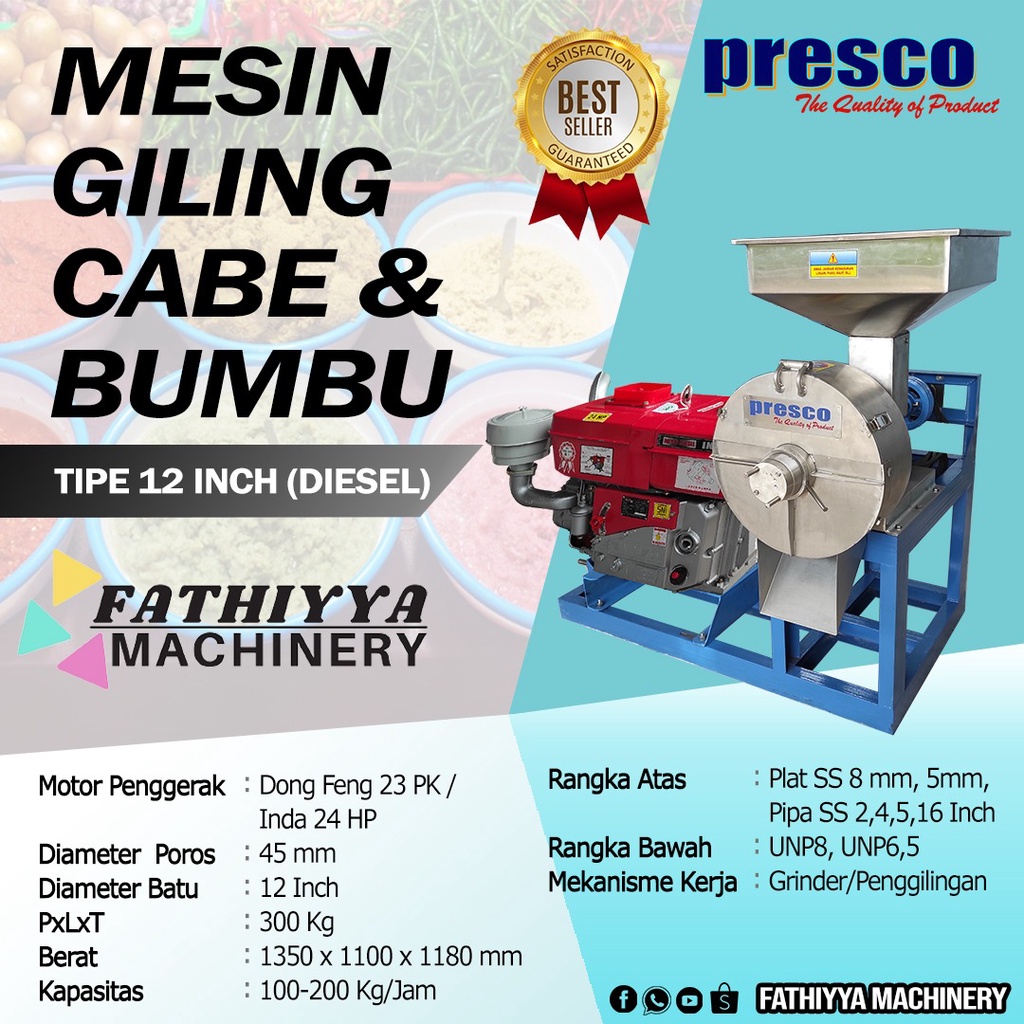 Mesin Giling Cabe dan Bumbu Merek Presco Tipe 12 inch Diesel