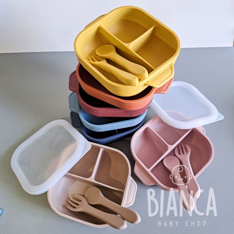 BIANCA - Piring Silikon Anak Sekat 3 Suction + Tutup + Sendok Garpu Silikon