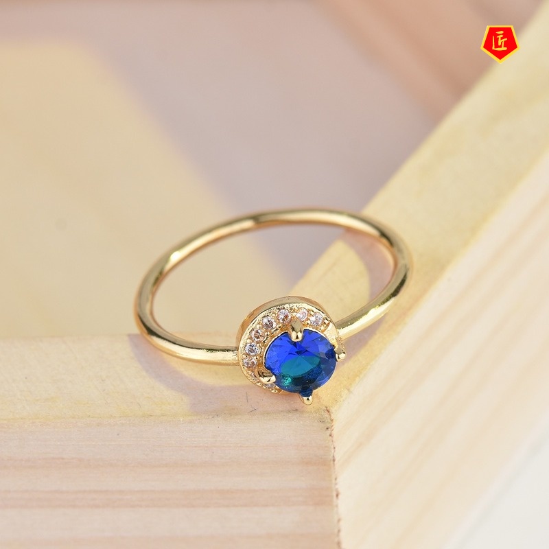 [Ready Stock]Women's Simple Personality 14K Gold Moon Sapphire Ring