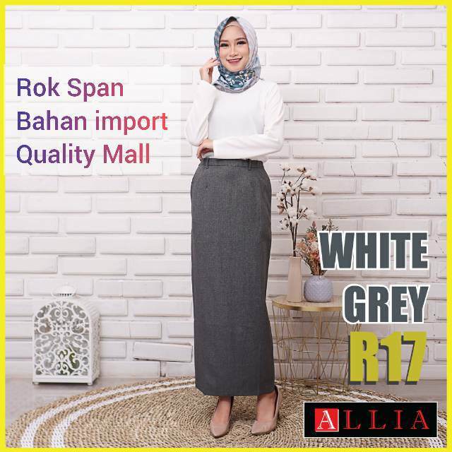 ALLIA R17 WHITE GREY M - 7L - ROK KERJA SPAN - ROK SPAN WANITA JUMBO - ROK KERJA PANJANG