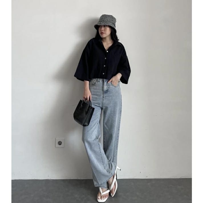 Kemeja Crop Linen Pocket - Oversized Shirt Linen - Outer Crop Linen - Atasan Wanita 991