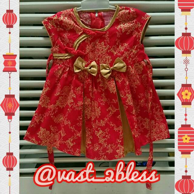 PROMO DISKON Cheongsam Anak Bayi Dress Katun Batik Merah Red Satin Gold Emas Bonus Bandana Headband 