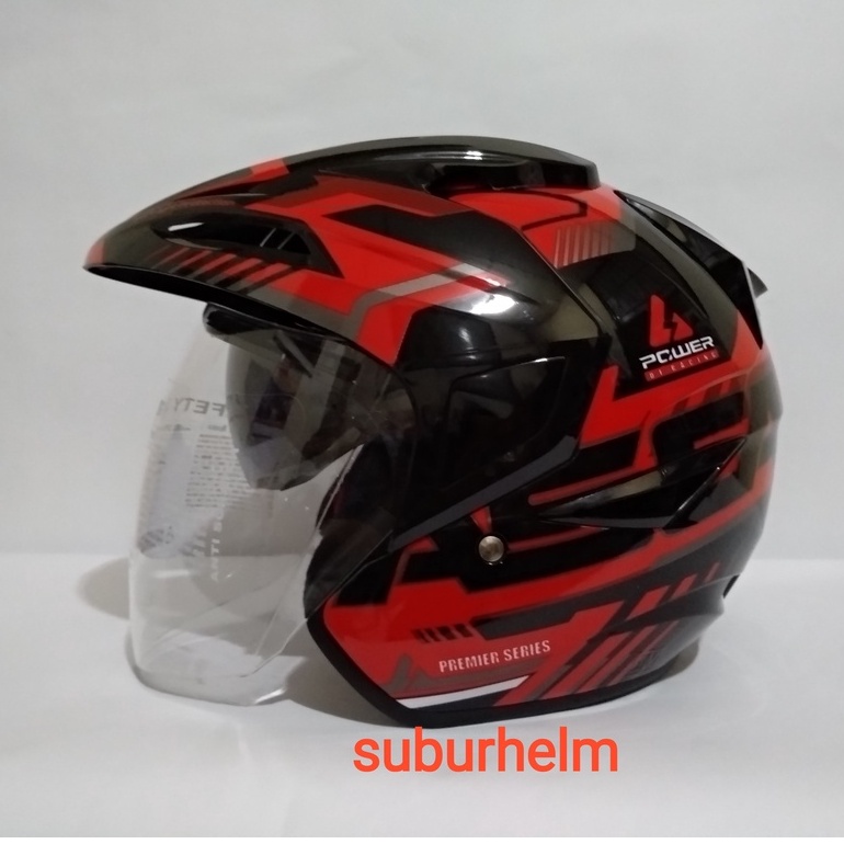 HELM  ASCA  PREMIER  MOTIF  POWER   BLACK  RED  HALF FACE  DOUBLE VISOR MANUAL   ALL SIZE  SNI