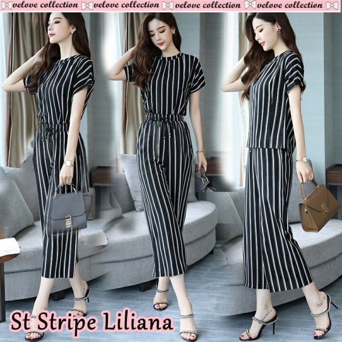 Baju Setelan Wanita Remaja Sehari Hari Viral Murah Kekinian Dewasa Set Korean Style Terbaru Stripe L