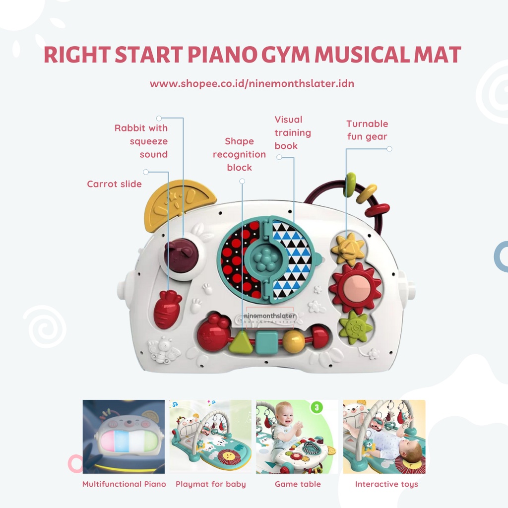 Right Start Double Sided Piano Gym Musical Mat - Mainan Karpet Playgym Baby Mat Anak Bayi Lampu Lagu Musik Sensory