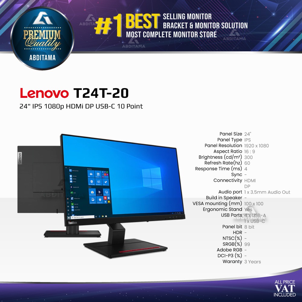 Monitor LED Touch Lenovo T24T-20 T24T20 24&quot; IPS 1080p HDMi DP USB-C