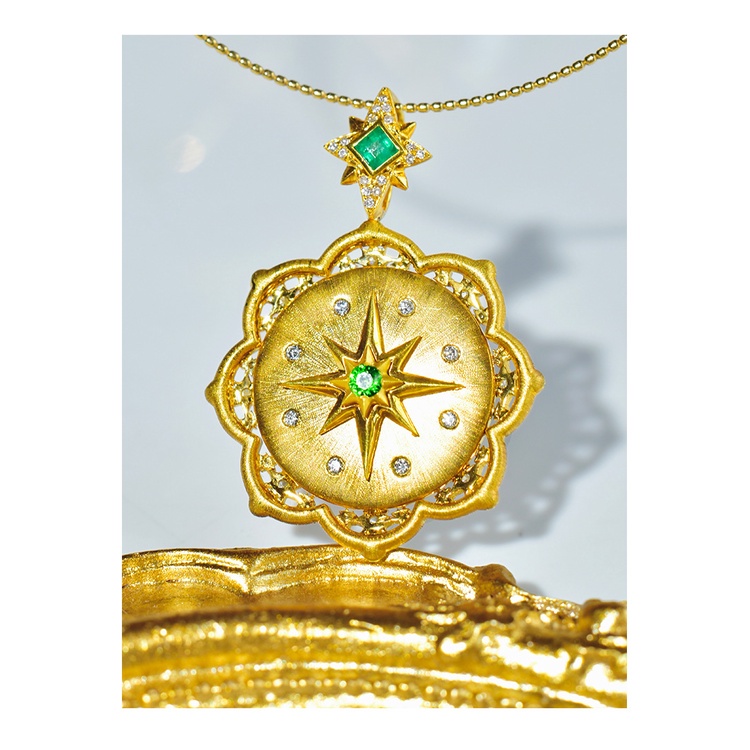 Goldkingdom Perhiasan Fashion Emas Asli Kadar 375 Bangkok Aksesoris Ready Stock French Retro Angel Eight-awn Star Gold Coin Pendant Female Ke Matahari Dan Melahirkan Kalung Ganda