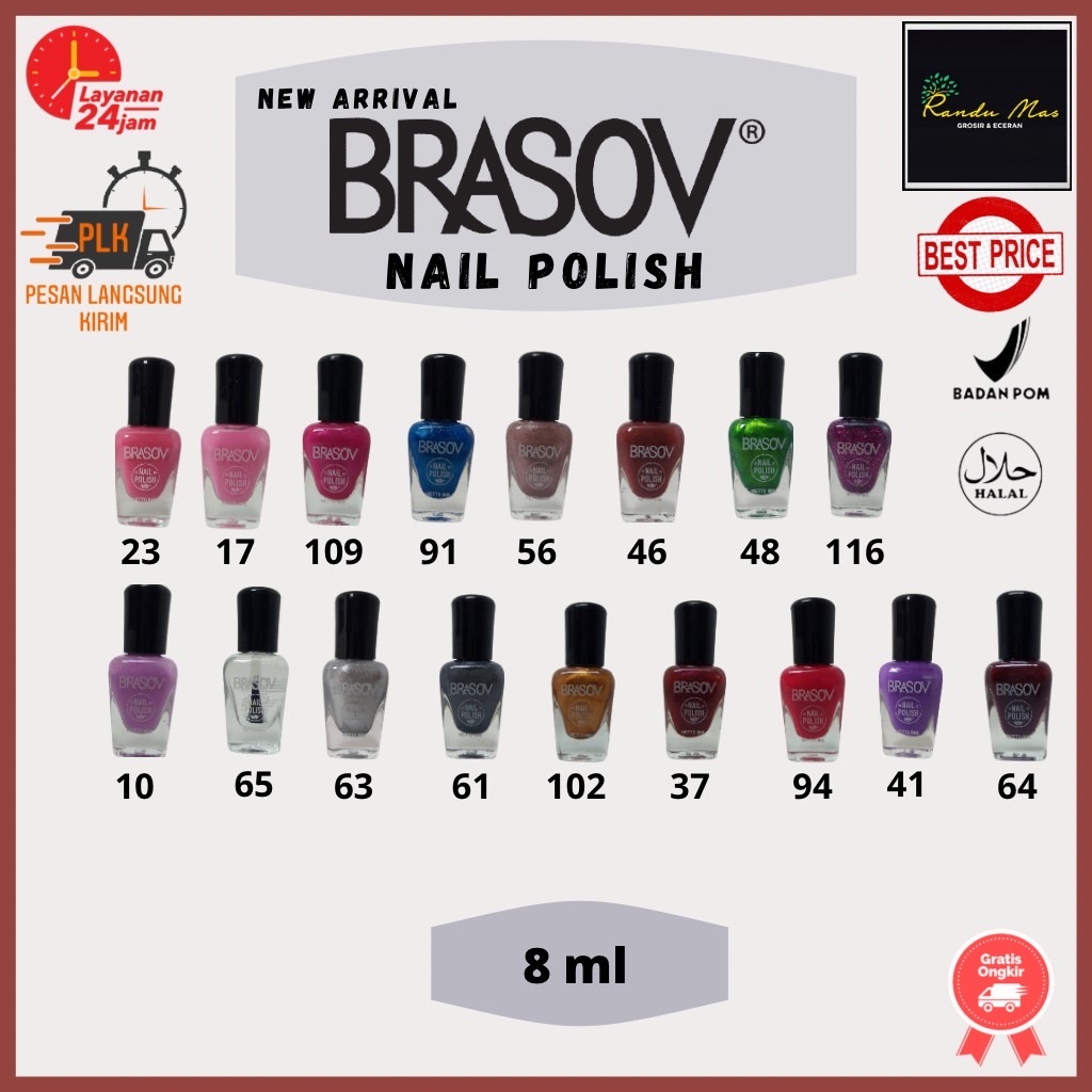 New Arrival Brasov Nail Polish Assorted Colour Kutek Cat Kuku Warna Nude Halal Murah Wanita 8 ML BPOM Original Kuteks