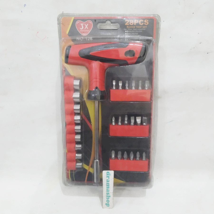 Kunci Sok + Obeng Min Minus Plus (-)(+) T gagang karet 28pcs