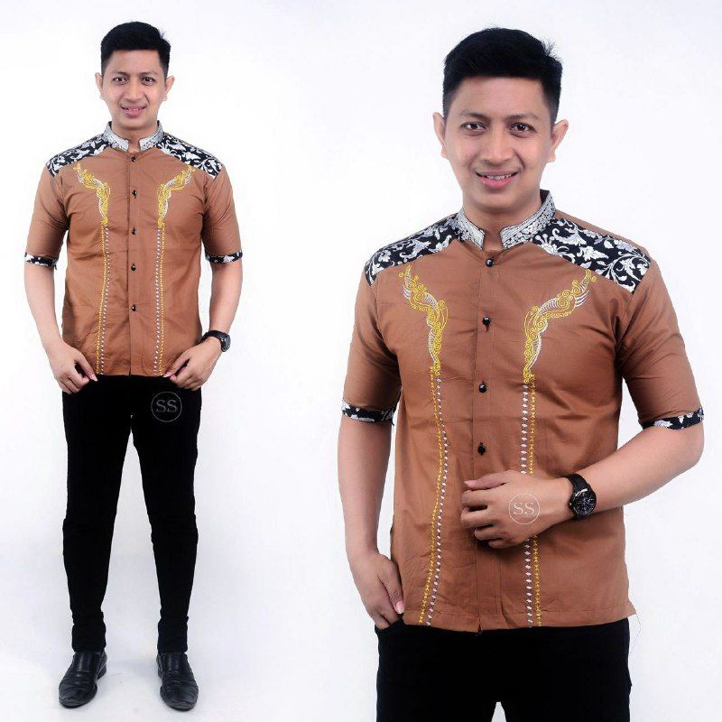 Baju Koko Pria Lengan Panjang Motif Kobata Kombinasi Batik Warna Coksu