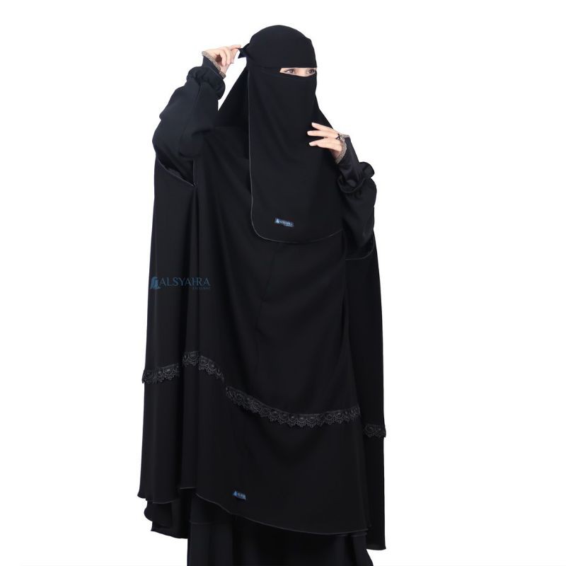 Set Khimar Syari Handzipper Altaj Haramain Niqab Poni Jetblack Alsyahra Exclusive