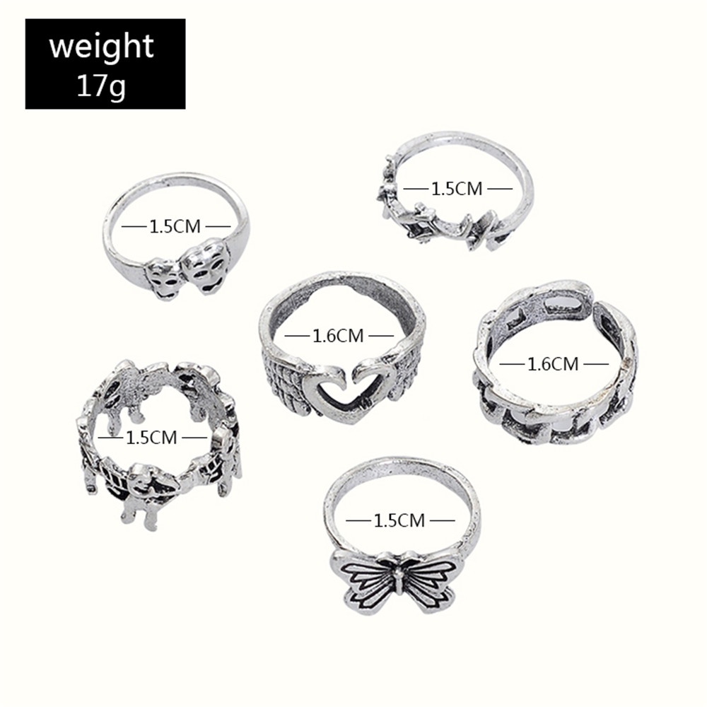 【COD Tangding】6pcs / Set Cincin Silver Joint Model Kupu-Kupu Hati Gaya Retro Kuno Untuk Aksesoris Perhiasan