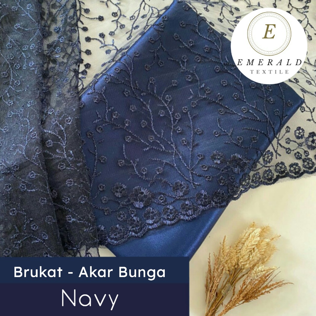 SETENGAH METER Kain Brokat Tile Prancis Bahan Kebaya Motif Akar Bunga - Navy ( HARGA PER 50cm KAIN )