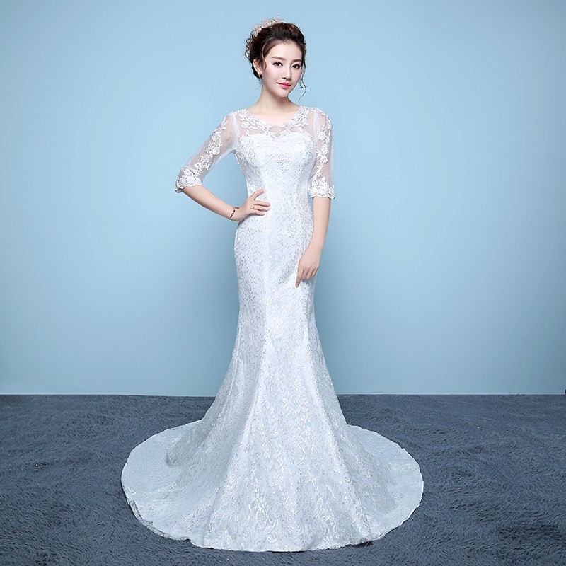 Women Simple White Lace Mermaid Wedding Dress Import Dari China Fishtail Bridal Dress Gaun