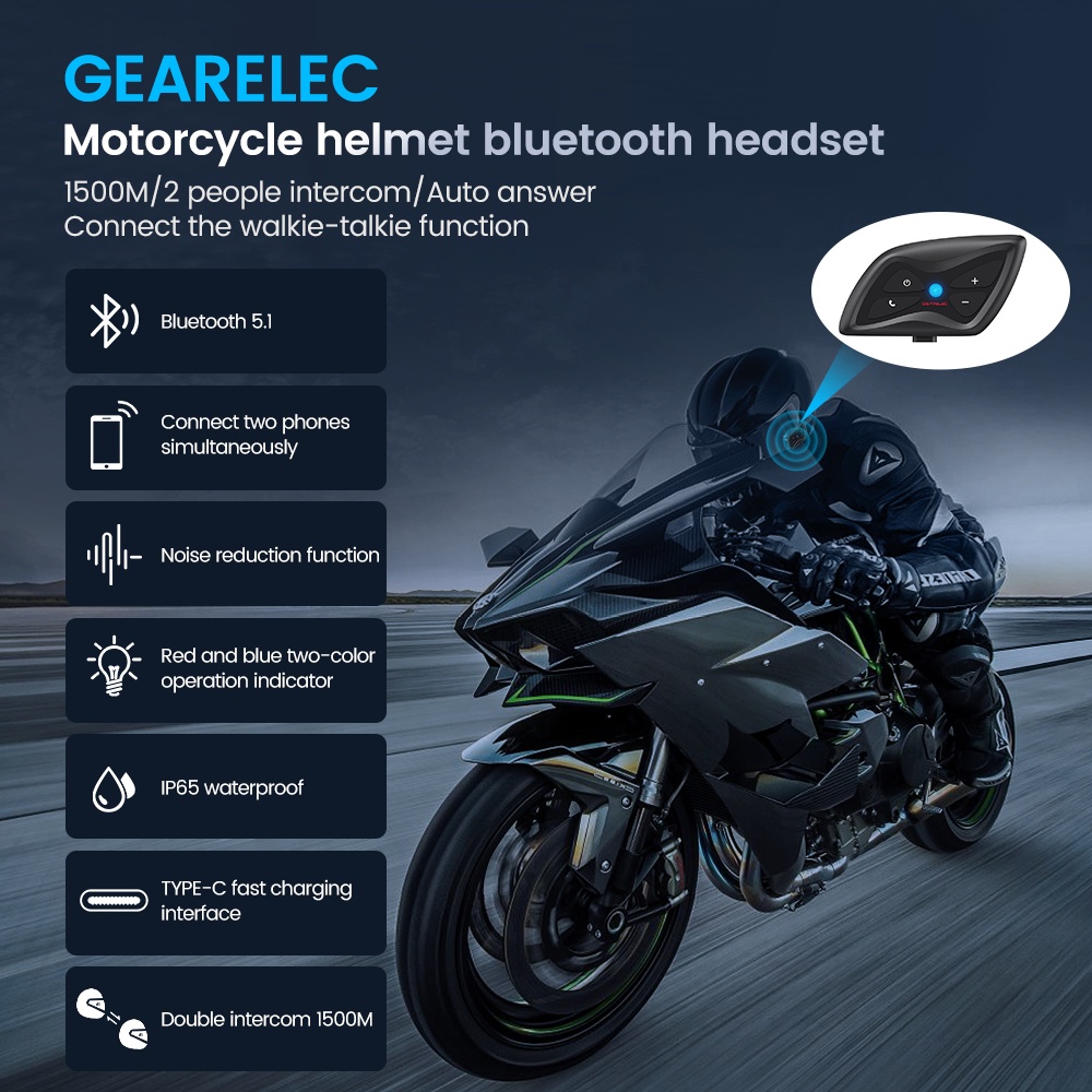 Gearelec DK01 Bluetooth Motor Helm Intercom Headset IP65 Waterproof 1500m Range 2-Orang BT5.1 Sistem Komunikasi Nirkabel