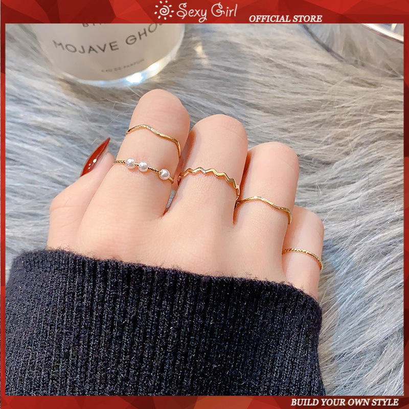 5pcs / Set Gelang Cincin Mutiara Gaya Korea Minimalis Untuk Wanita