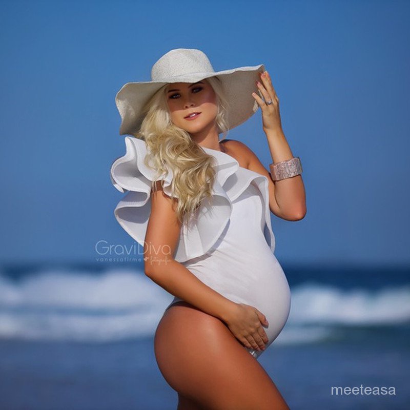 Slash Neck Maternity Photography Bodysuits Body-con Single Shoulder Ruffles Sleeve Pregnancy Photogr
