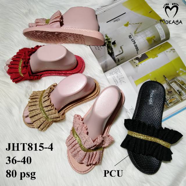 SANDAL SLOP WANITA PITA KERUT GARIS GOLD CANTIK ELEGANT IMPORT MOKAYA / size 36-40 (JHT815-4)