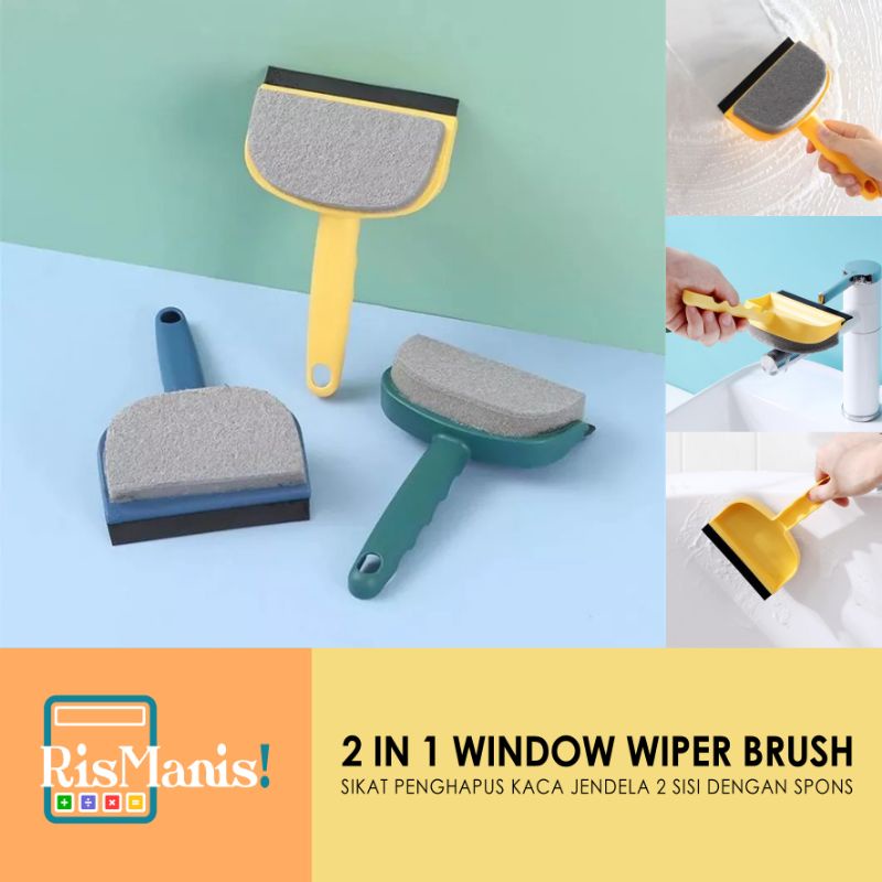 2 IN 1 WINDOW WIPER BRUSH - Scraper Sikat Spons Fiber Lembut Pembersih Kaca Cermin 2 Sisi Jendela Pintu Mobil Pengikis Cuci Kamar Mandi