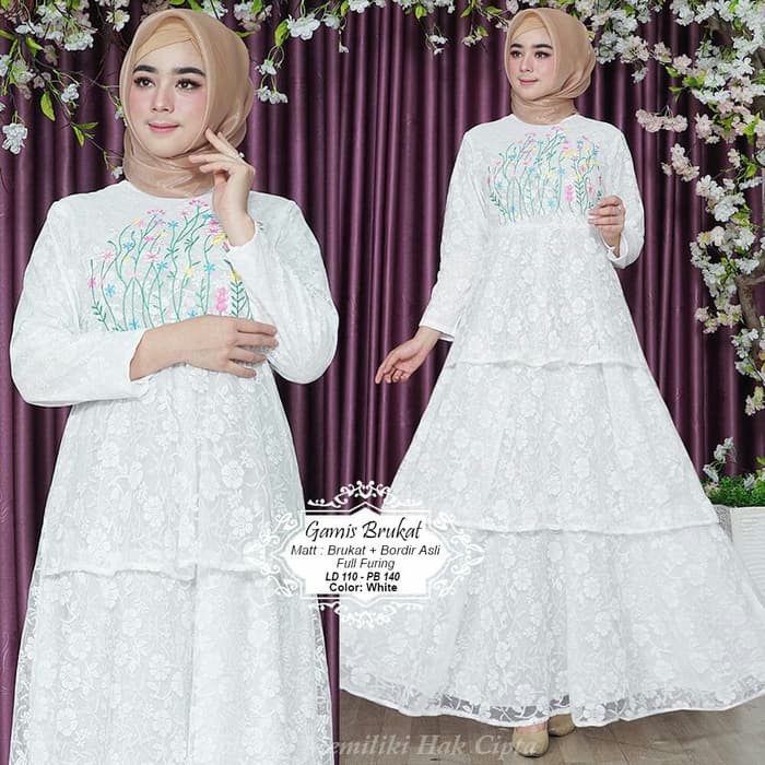 BAJU GAMIS WANITA TERBARU / GAMIS PUTIH MEWAH / GAMIS BRUKAT ILUVA