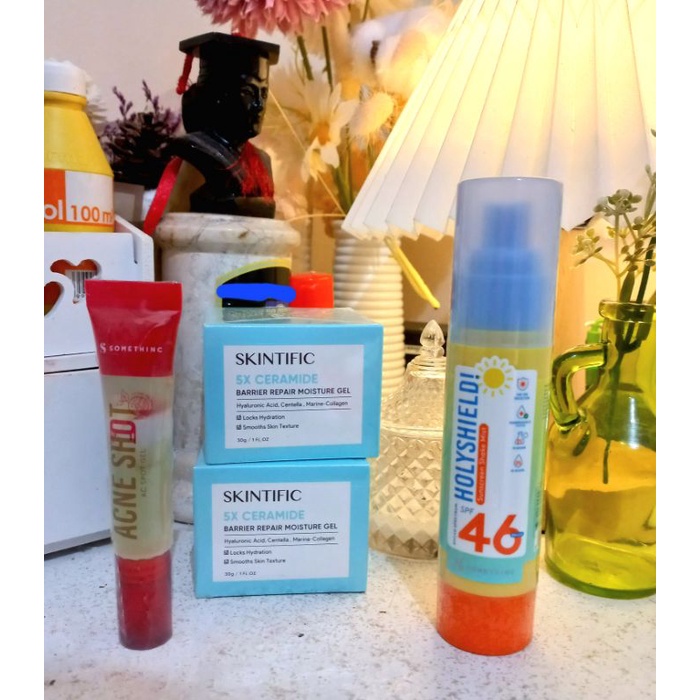 Skintific ceramide moisturizer / somethinc acne shot gel spot / somethinc holyshield shake mist