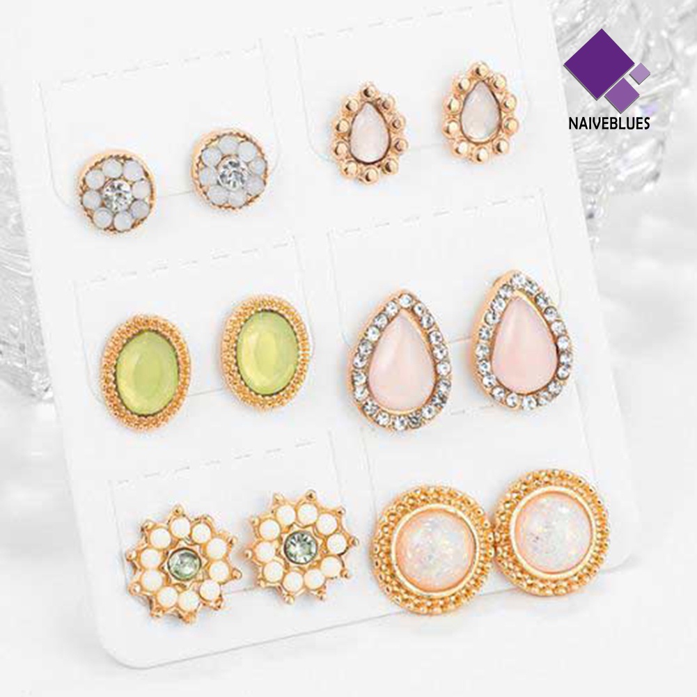 6 Pasang Anting Stud Opal Berlian Imitasi Bentuk Tetesan Air Untuk Wanita