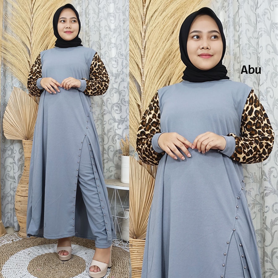 LIEN SETELAN GAMIS CELANA KOMBINASI LEOPARD BELAH MUTIARA CARLINA