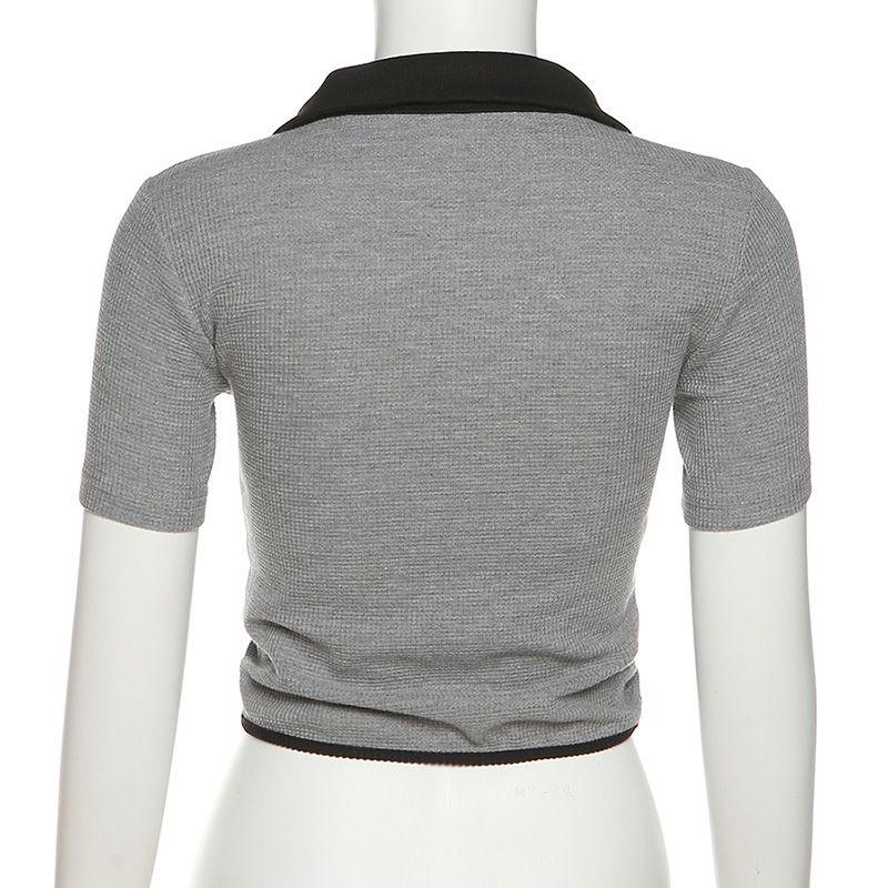 #Sisjuly# Wanita Baru Pakaian Wanita Warna Solid Slim Fit Cropped Navel Fashion Lipit Kerah Lengan P