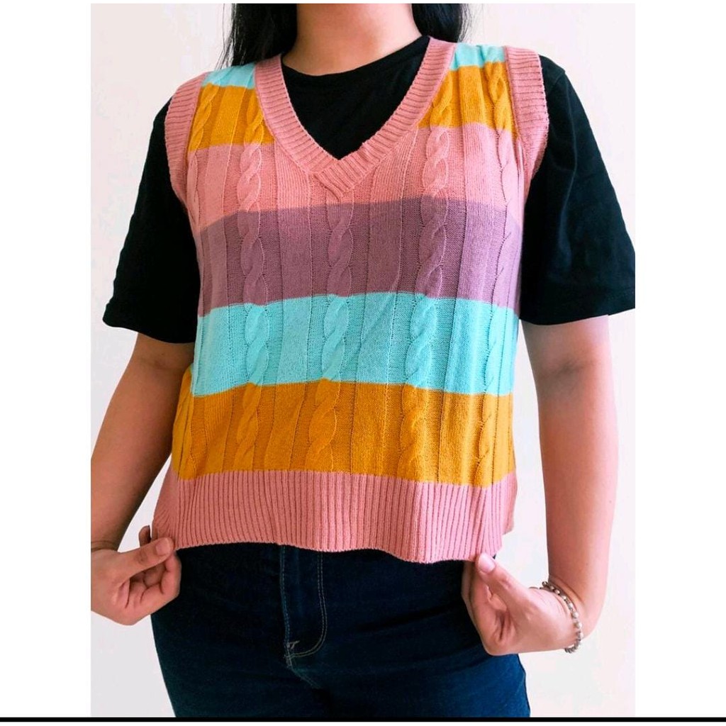 Candy Cable Vest Rompi Rajut Wanita / Vest Cable Rainbow / Rompi Rajut Wanita Warna Pelangi / Rompi Vest Cabel / Rompi Cable Rajut