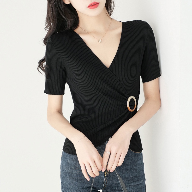 【Elegant】V-neck Irregular Slim Knit T-Shirt 7376