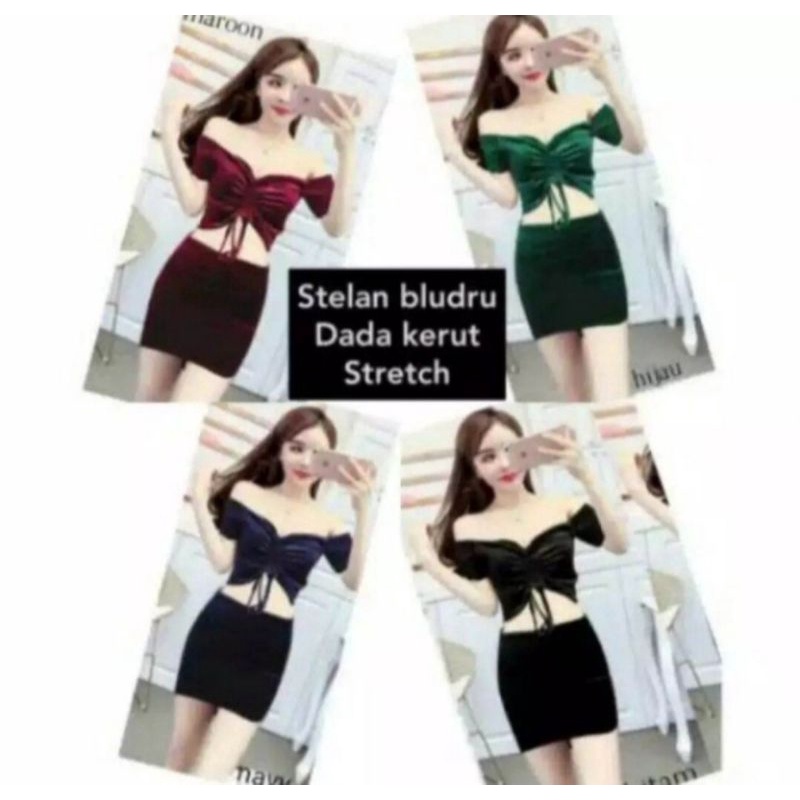 Setelan Sabrina Bahan Bludru Model Dada Kerut Stretch Rok Mini/Mini Dress/Setelan Sabrina Kerut/One 