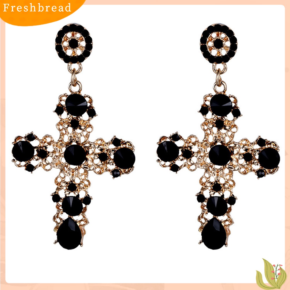 Terlaris Vintage Women Rhinestone Inlaid Hollow Cross Charm Earrings Party Jewelry Gift