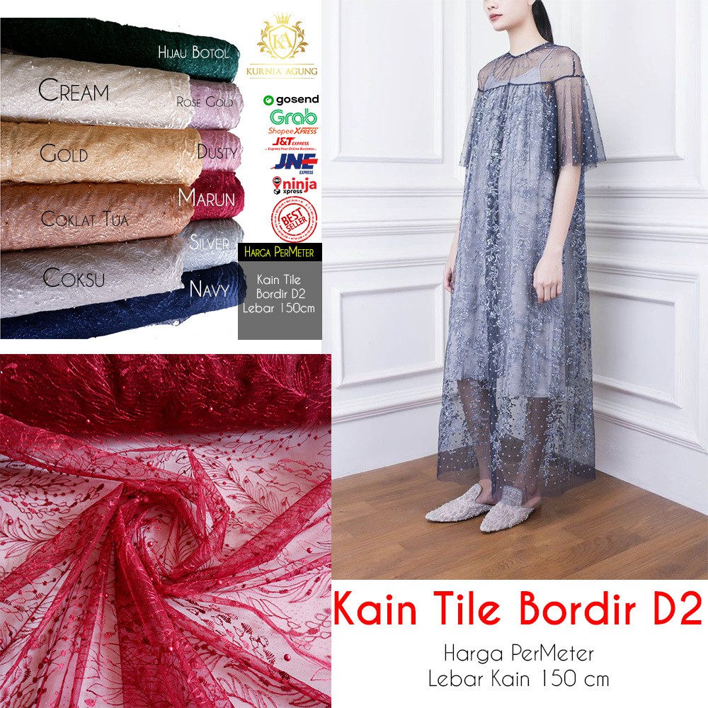 Kain Tile Bordir Mutiara Gliter Brukat D2 Meteran bahan gamis kebaya