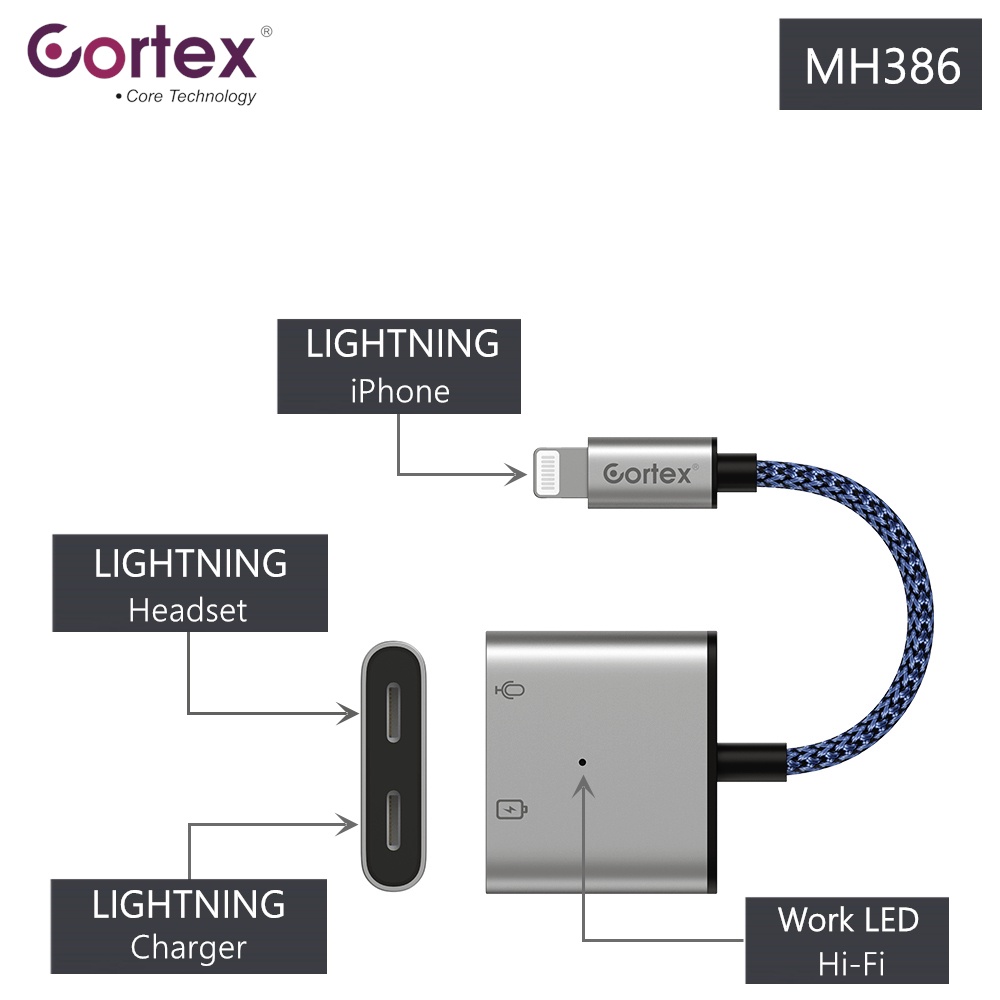 Cortex MH380 Splitter iPhon 2in1 Lightning to Jack 3.5 mm Converter Support PUBG Charge + Mic