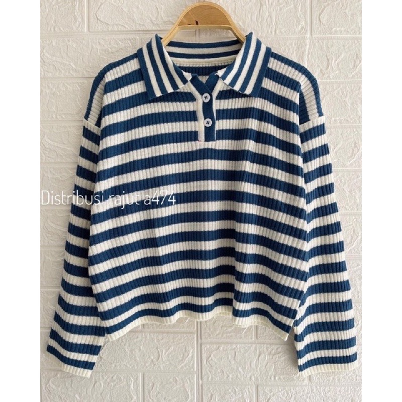 SWEATER RAJUT KERAH MOTIF GARIS SECER WANITA