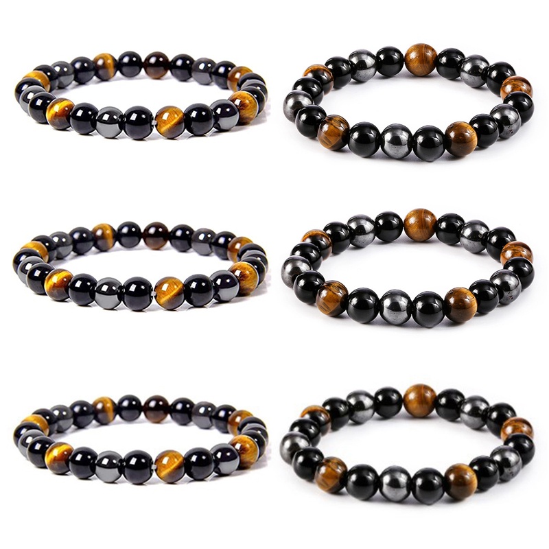 Gelang Manik-Manik Batu Obsidian Mata Harimau Hematite Warna Hitam Ukuran 8 / 10mm Untuk Pria Dan Wanita