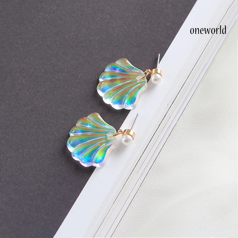 OW@ Colorful Resin Mermaid Rainbow Imitation Pearl Shell Women Stud Earrings Gift