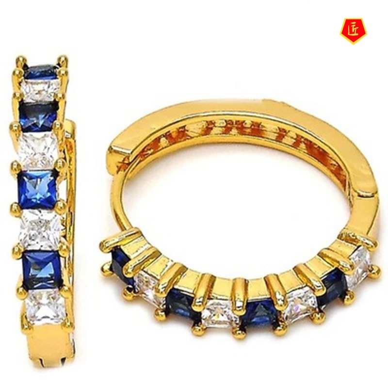 [Ready Stock]18K Gold Inlaid Sapphire Square Diamond Earrings