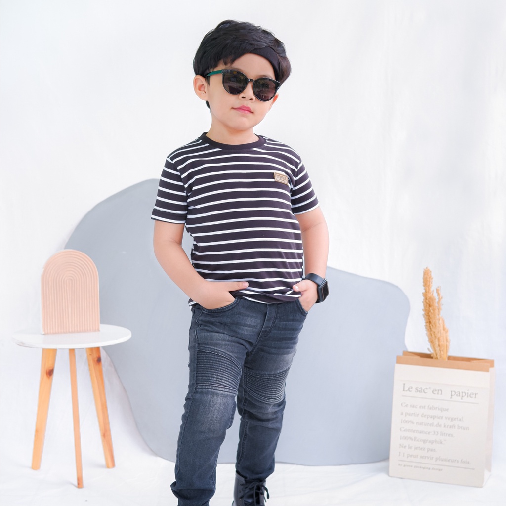 Kaos Stripe Garis Anak Laki Laki Perempuan Branded Unisex Original Premium | Mevla Kids - Uzuki Black